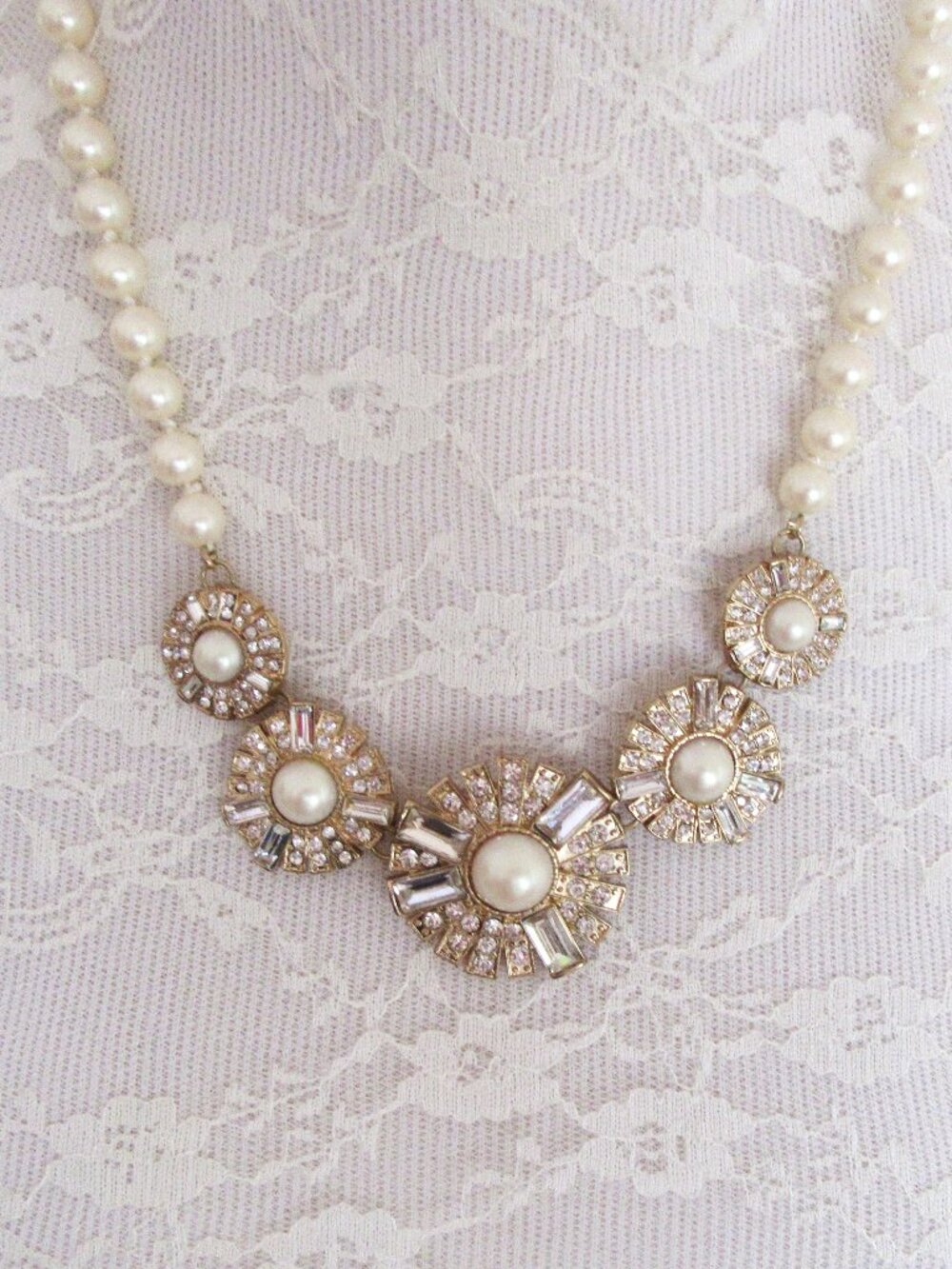Faux pearl and rhinetone discs necklace in goldtone setting - sparkling!